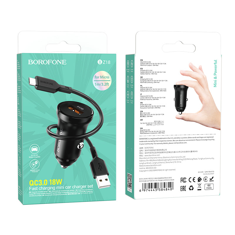Auto punjač sa microUSB kablom Borofone BZ18, 18W, 3A, 1 x USB-A, Crni