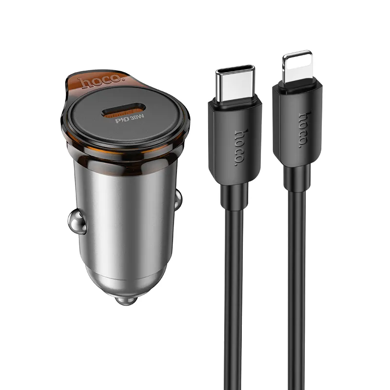 Auto punjač sa Lightning kablom HOCO NZ16, 30W, 3A, 1 x USB-C, Sivi