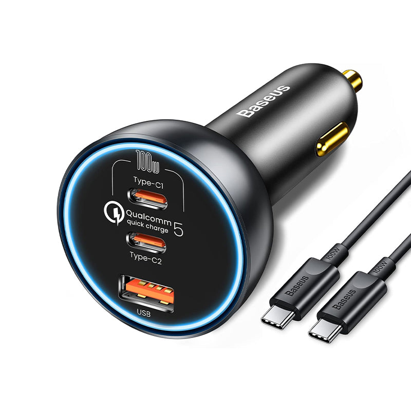 Auto punjač sa USB-C kablom Baseus Qualcomm, 160W, 3A, 1 x USB-A - 2 x USB-C, Sivi TZCCZM-0G