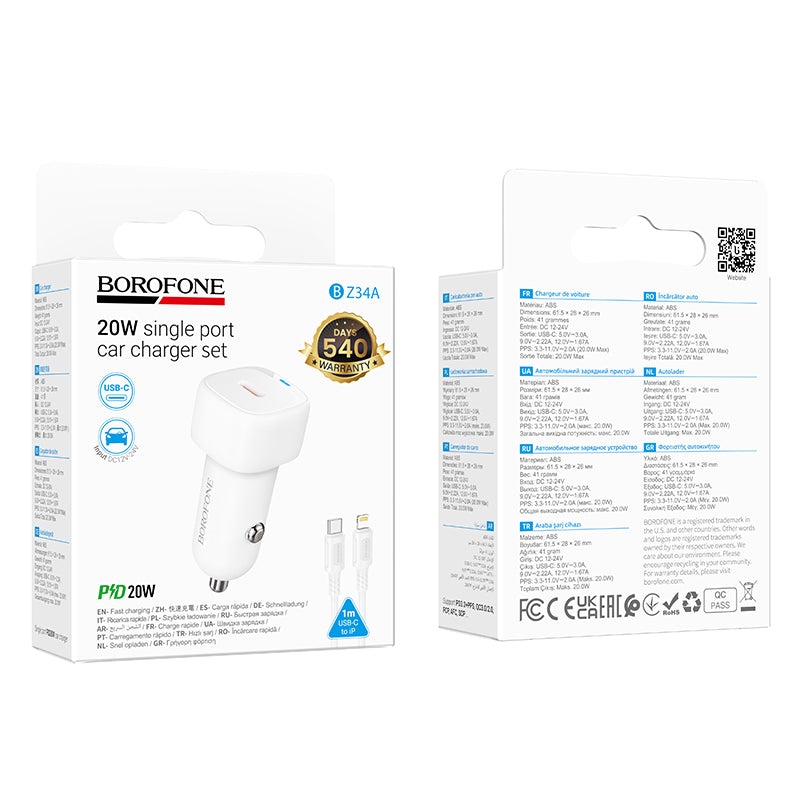 Auto punjač sa Lightning kablom Borofone BZ34B Cloud, 20W, 3A, 1 x USB-A - 1 x USB-C, Beli