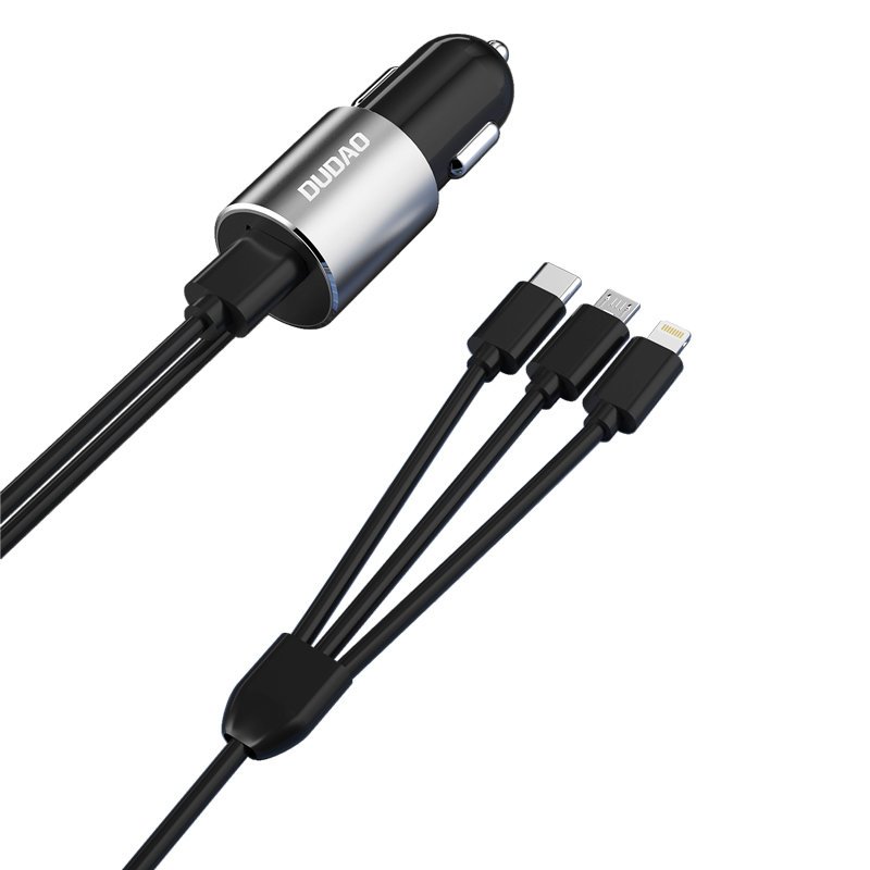 Auto punjač sa kablom Lightning / microUSB / USB-C Dudao R5ProN, 17W, 3.4A, 1 x USB-A, Crna