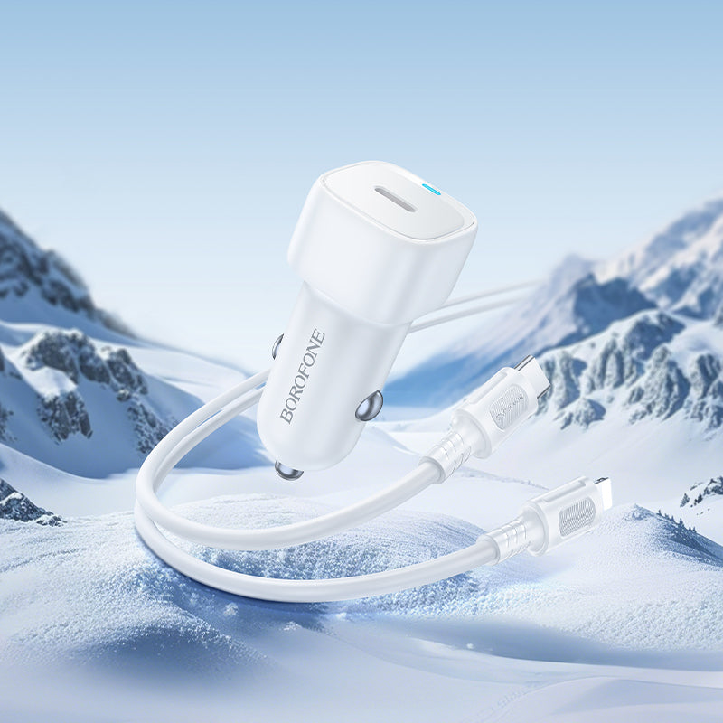 Auto punjač sa Lightning kablom Borofone BZ34B Cloud, 20W, 3A, 1 x USB-A - 1 x USB-C, Beli