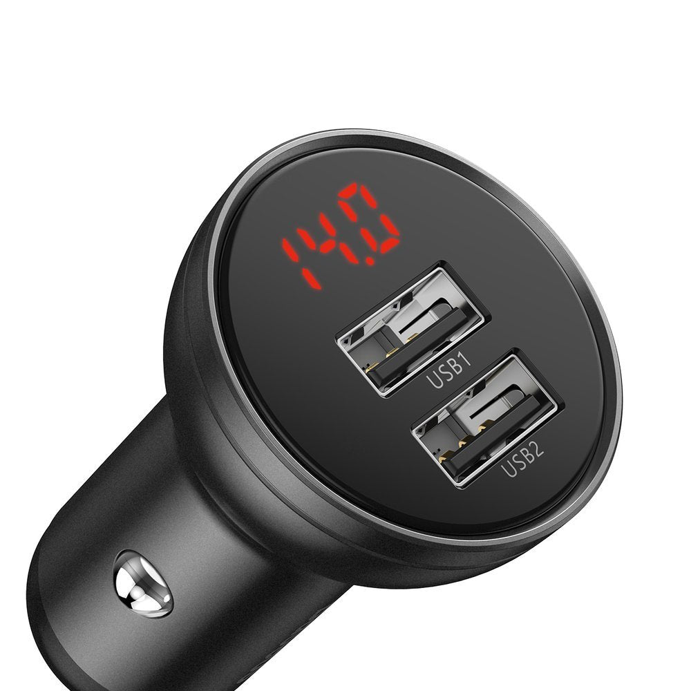 Auto punjač sa kablom Lightning - microUSB - USB-C Baseus Digital Display, 24W, 2.4A, 2 x USB-A, Sivi TZCCBX-0G