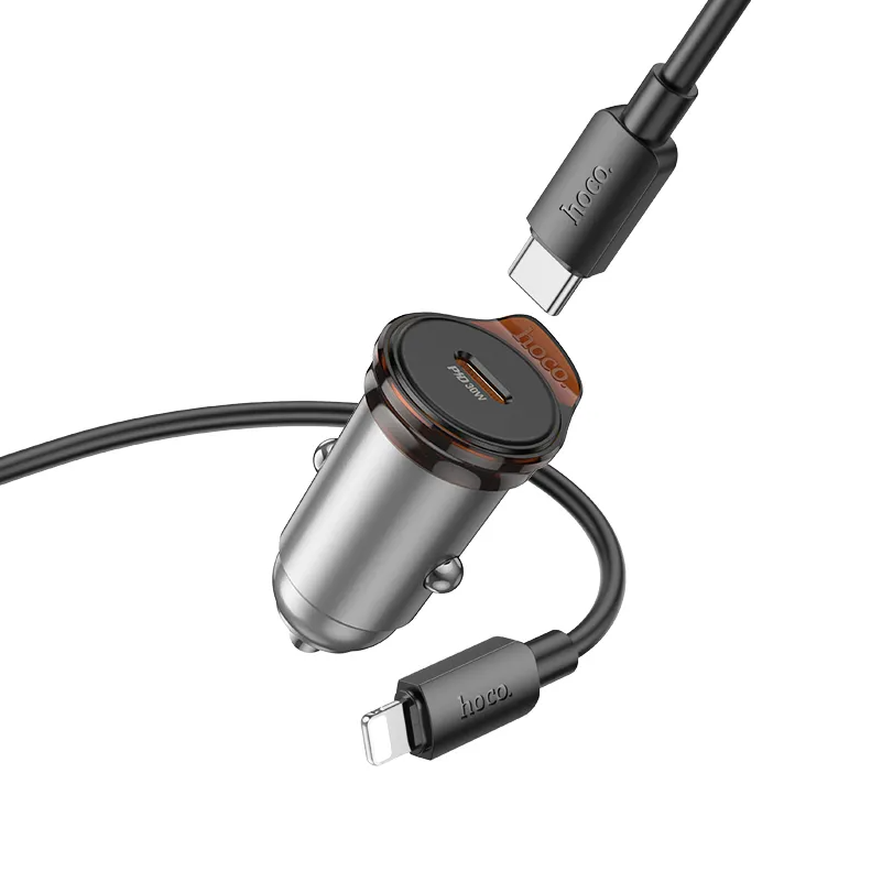 Auto punjač sa Lightning kablom HOCO NZ16, 30W, 3A, 1 x USB-C, Sivi