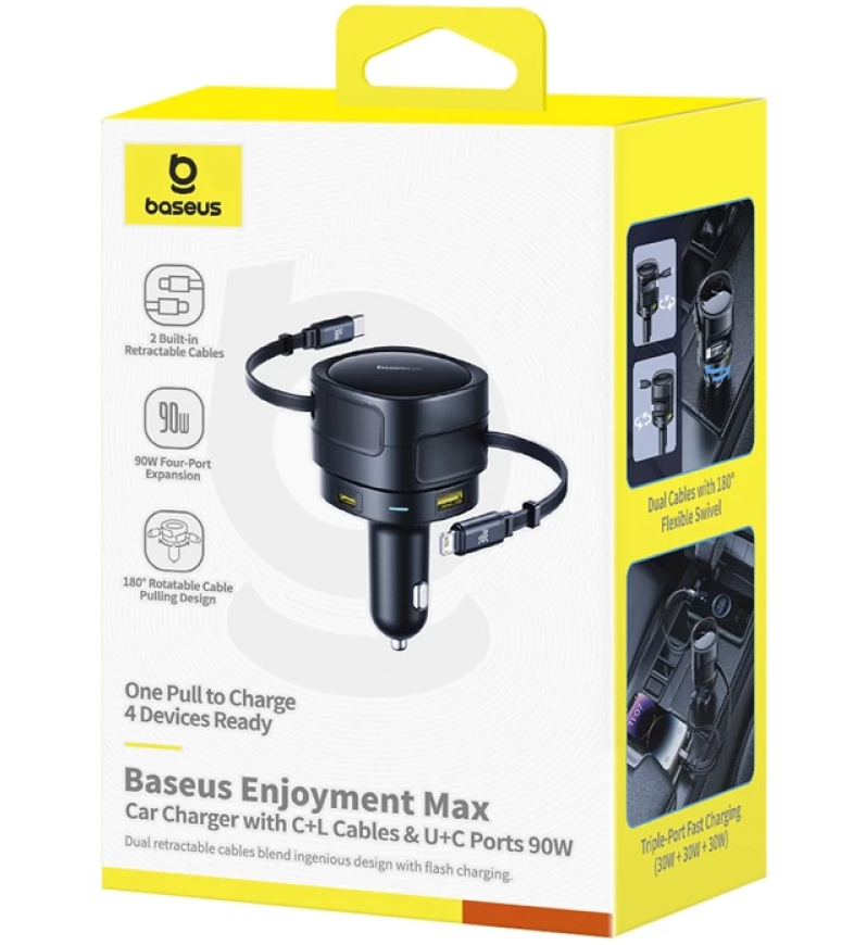 Auto punjač sa USB-C / Lightning kablom Baseus Enjoyment Max, 90 W, 1 x USB-A - 1 x USB-C, crni C00035507121-02