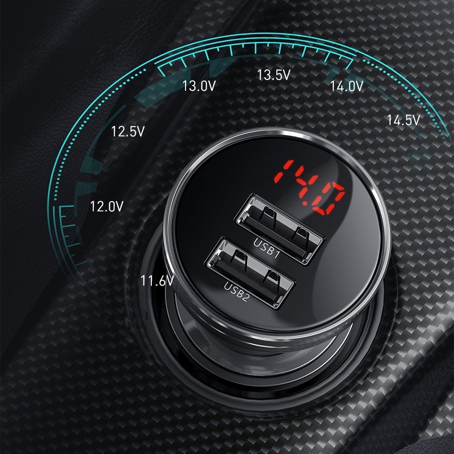 Auto punjač sa kablom Lightning - microUSB - USB-C Baseus Digital Display, 24W, 2.4A, 2 x USB-A, Sivi TZCCBX-0G