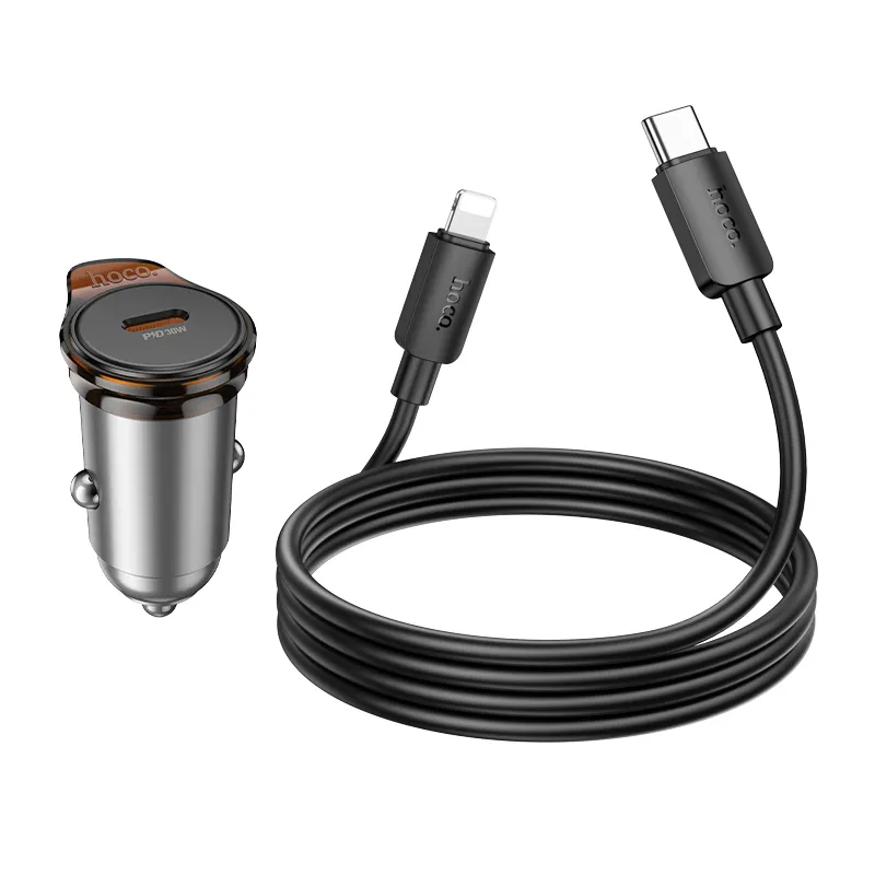 Auto punjač sa Lightning kablom HOCO NZ16, 30W, 3A, 1 x USB-C, Sivi