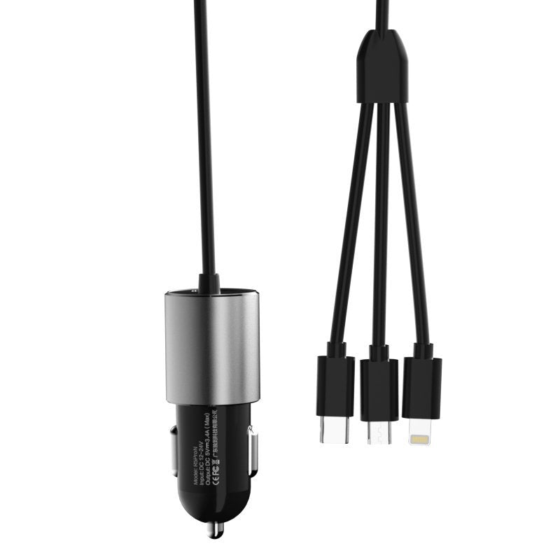 Auto punjač sa kablom Lightning / microUSB / USB-C Dudao R5ProN, 17W, 3.4A, 1 x USB-A, Crna