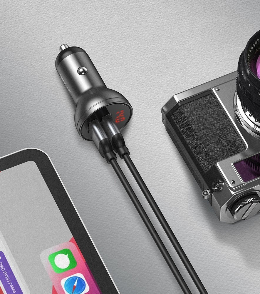 Auto punjač sa kablom Lightning - microUSB - USB-C Baseus Digital Display, 24W, 2.4A, 2 x USB-A, Sivi TZCCBX-0G