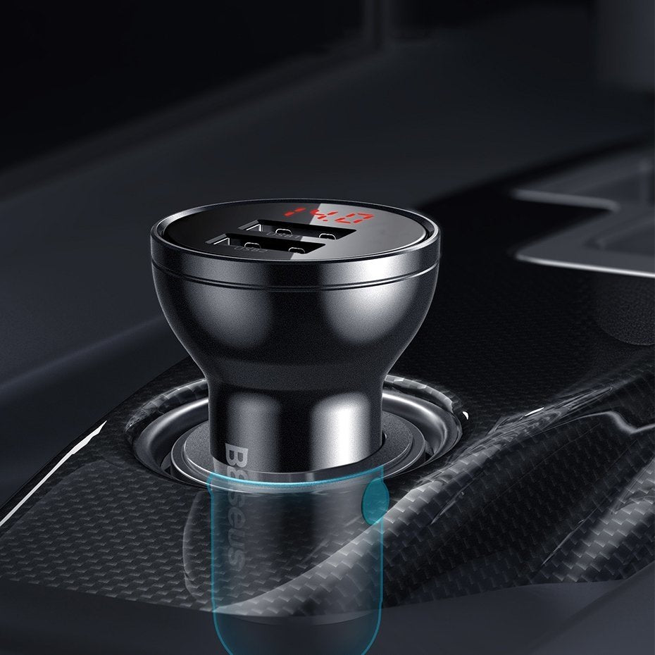 Auto punjač sa kablom Lightning - microUSB - USB-C Baseus Digital Display, 24W, 2.4A, 2 x USB-A, Sivi TZCCBX-0G