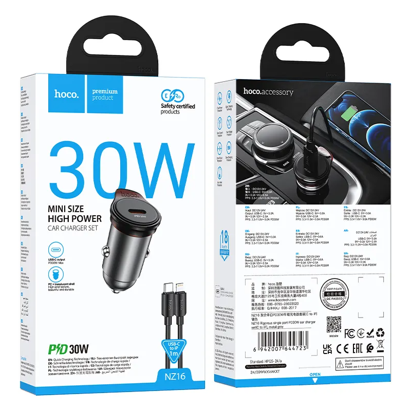 Auto punjač sa Lightning kablom HOCO NZ16, 30W, 3A, 1 x USB-C, Sivi