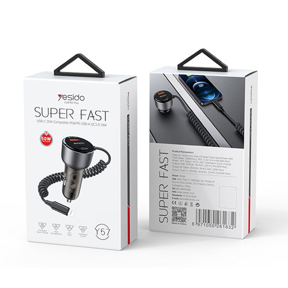 Auto punjač sa Lightning kablom Yesido Y57, 50W, 3A, 1 x USB-A - 1 x USB-C, Crni
