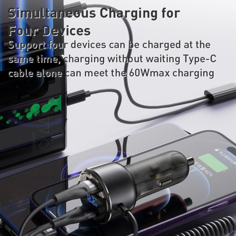 Auto punjač sa USB-C / Lightning kablom Yesido Y58 Display, 60W, 3A, 1 x USB-A - 1 x USB-C, Sivi