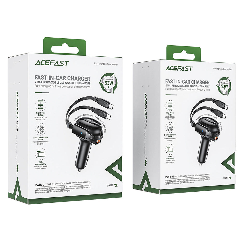 Auto punjač sa USB-C kablom Acefast B13, 53W, 3A, 1 x USB-A, Crni