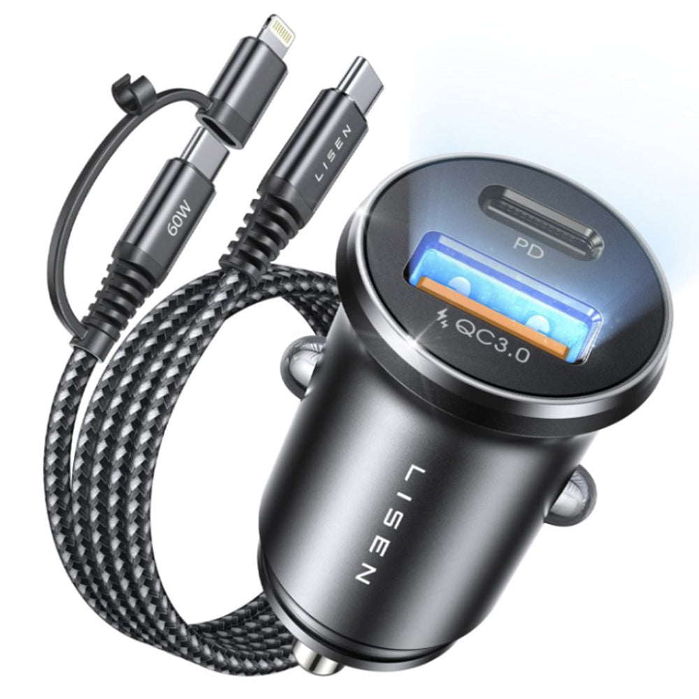 Auto punjač sa USB-C / Lightning kablom Lisen, 48W, 3A, 1 x USB-A - 1 x USB-C, Crni YL0223080035