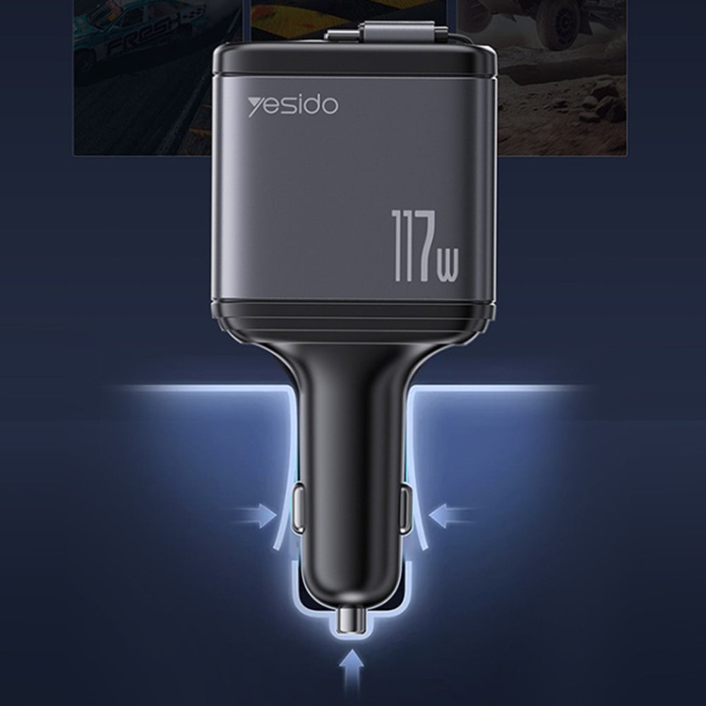 Auto punjač sa USB-C / Lightning kablom Yesido Y63 Display, 117W, 3A, 1 x USB-A - 1 x USB-C, Sivi