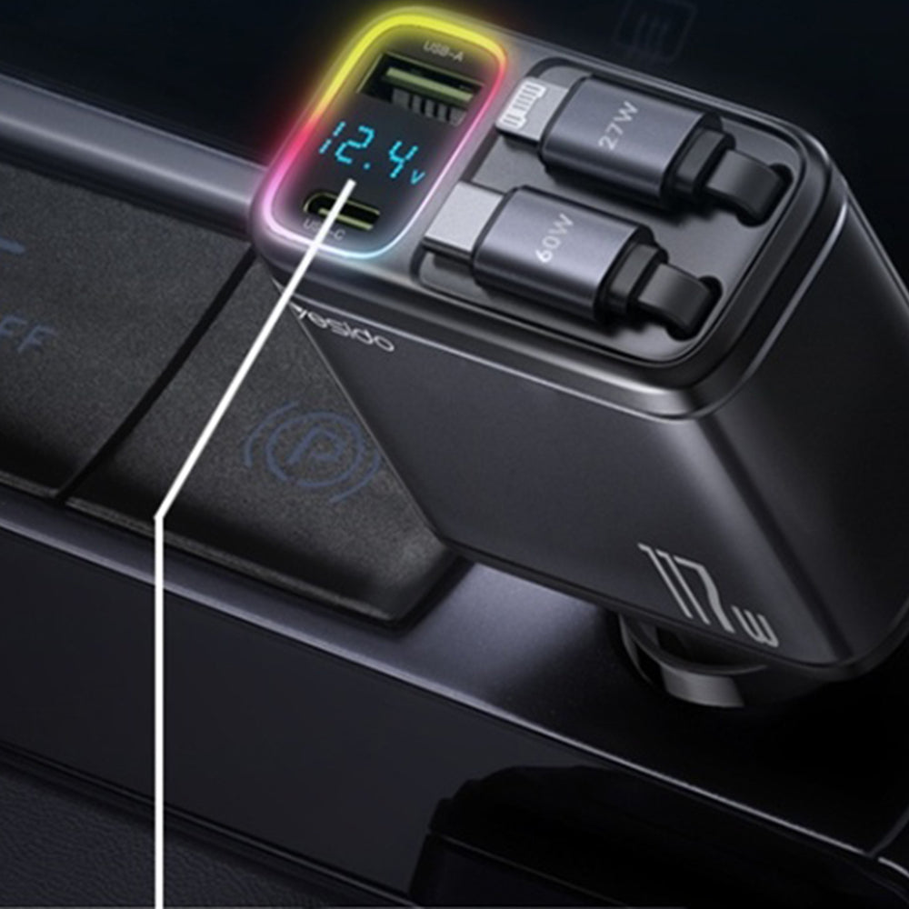 Auto punjač sa USB-C / Lightning kablom Yesido Y63 Display, 117W, 3A, 1 x USB-A - 1 x USB-C, Sivi