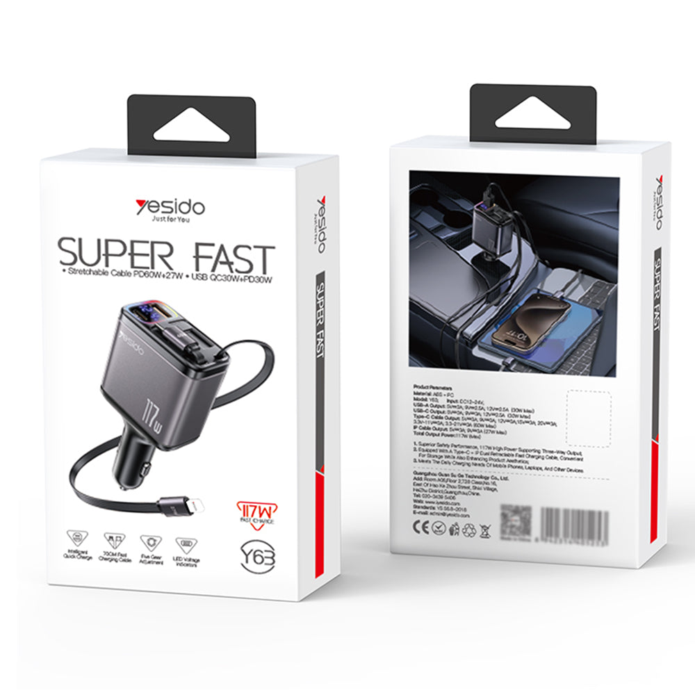 Auto punjač sa USB-C / Lightning kablom Yesido Y63 Display, 117W, 3A, 1 x USB-A - 1 x USB-C, Sivi