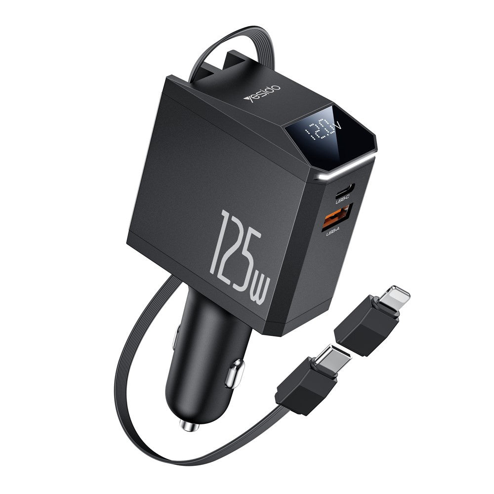Auto punjač sa USB-C / Lightning kablom Yesido Y71 Display, 125W, 3A, 1 x USB-A - 1 x USB-C, Crni