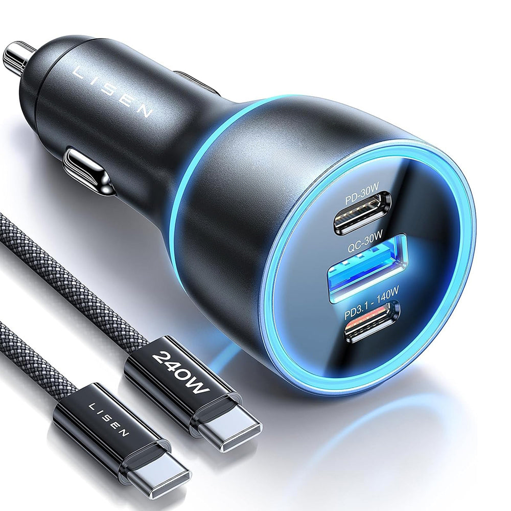 Auto punjač sa USB-C kablom Lisen, 170W, 5A, 1 x USB-A - 2 x USB-C, Crni YL0224010001