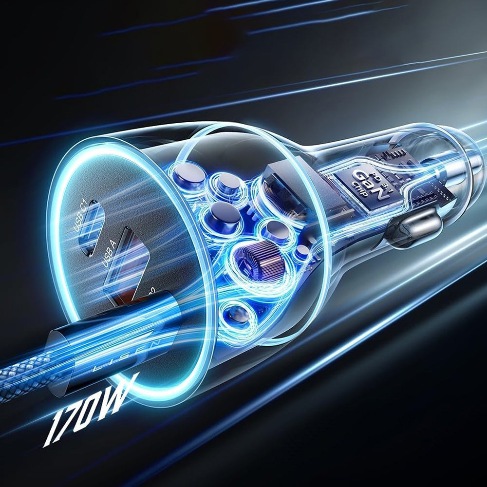 Auto punjač sa USB-C kablom Lisen, 170W, 5A, 1 x USB-A - 2 x USB-C, Crni YL0224010001