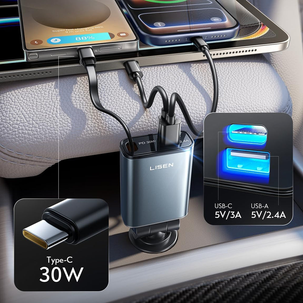 Auto punjač sa USB-C kablom Lisen, 57W, 3A, 1 x USB-A - 1 x USB-C, Crni YL0325010016