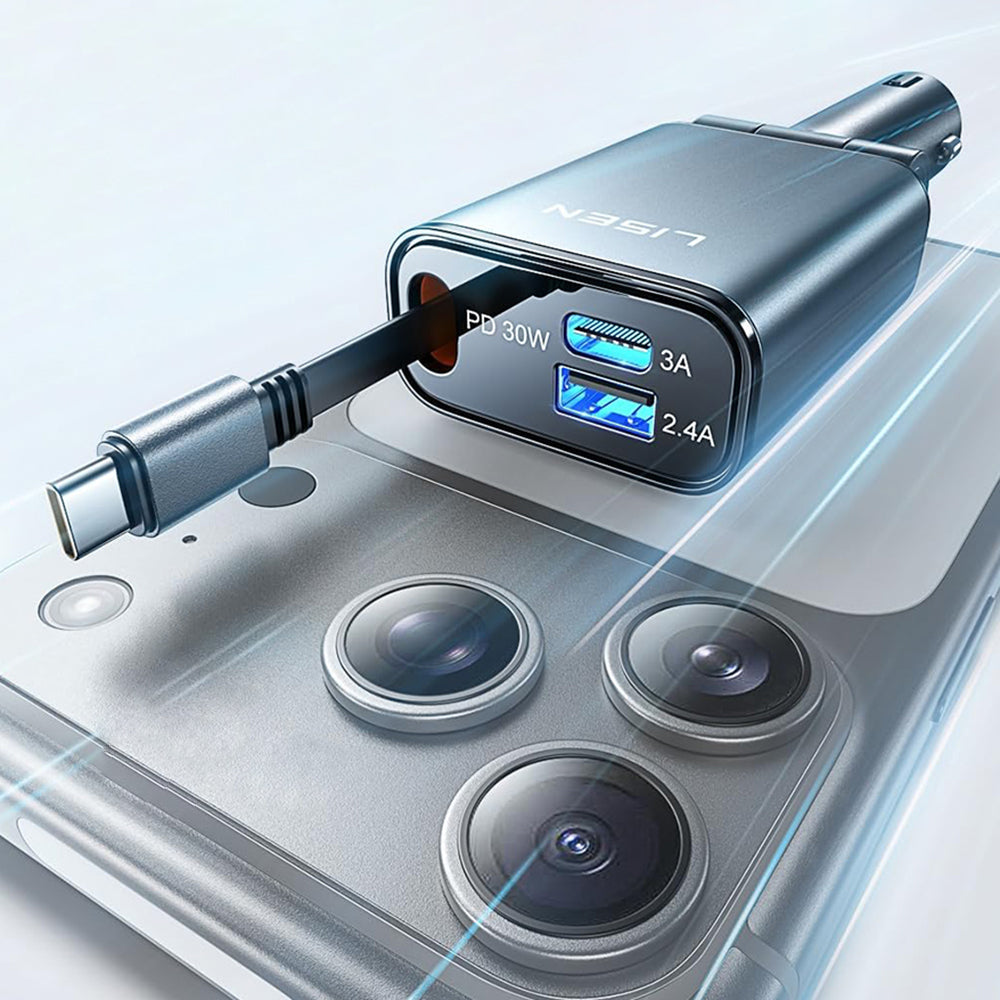 Auto punjač sa USB-C kablom Lisen, 57W, 3A, 1 x USB-A - 1 x USB-C, Crni YL0325010016
