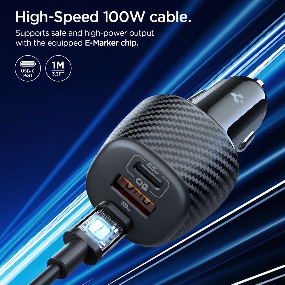 Auto punjač sa USB-C kablom Spigen EV1133, 113W, 3.25A, 1 x USB-A - 2 x USB-C, Crni