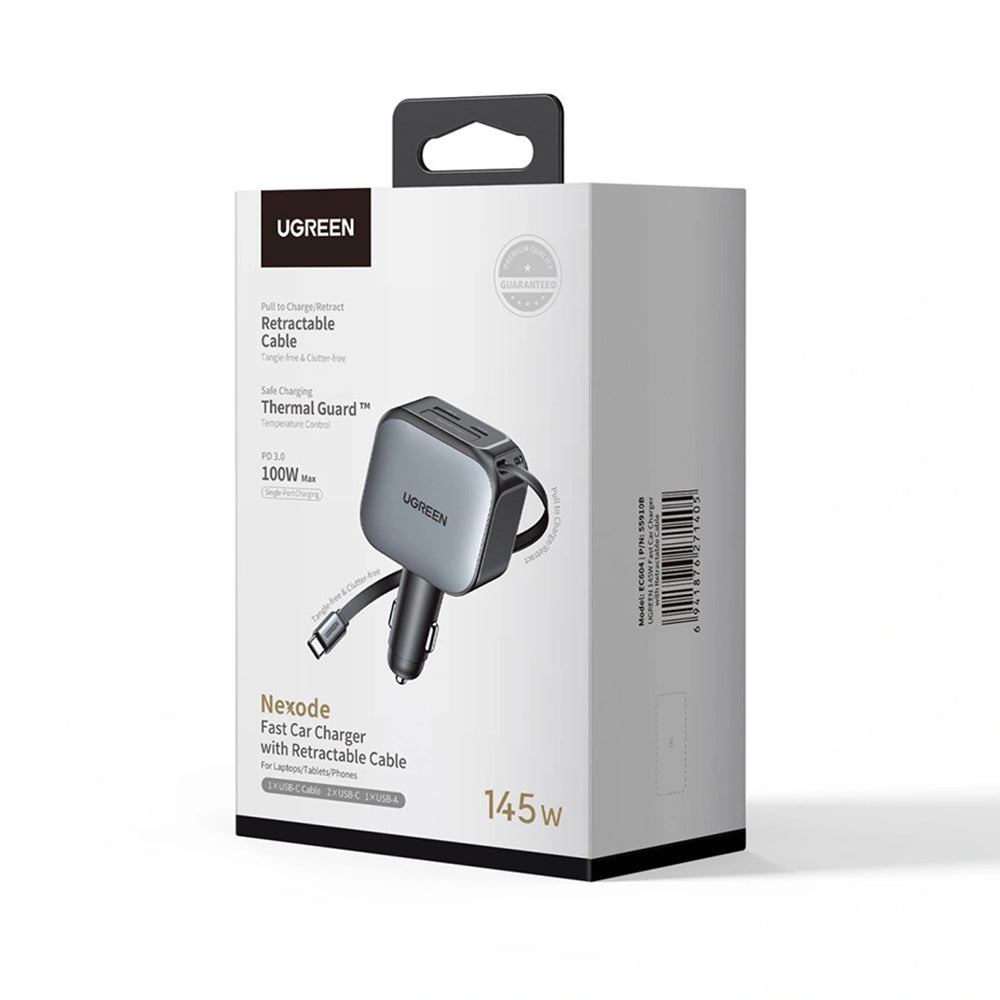 Auto punjač sa USB-C kablom UGREEN EC604 (55910B) Nexode, 145W, 1 x USB-A - 2 x USB-C, Crni