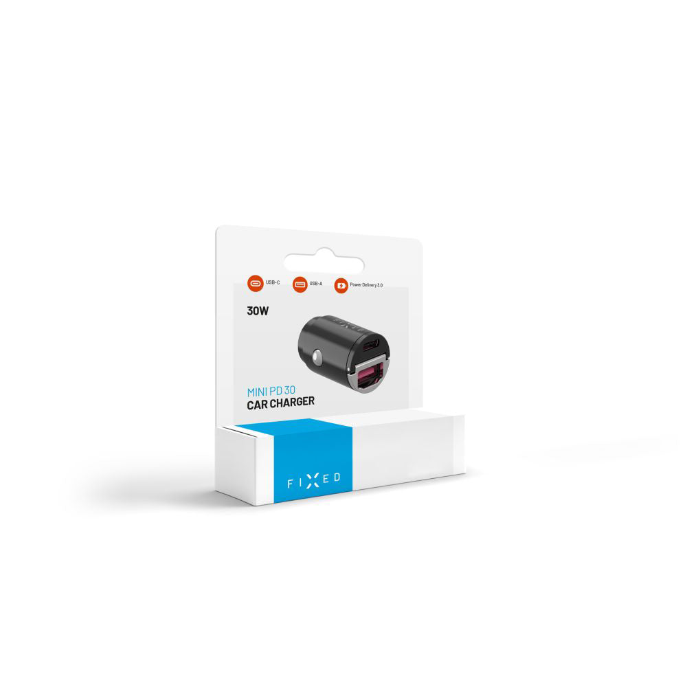 Auto punjač Fixed, 30W, 3A, 1 x USB-A - 1 x USB-C, Crni