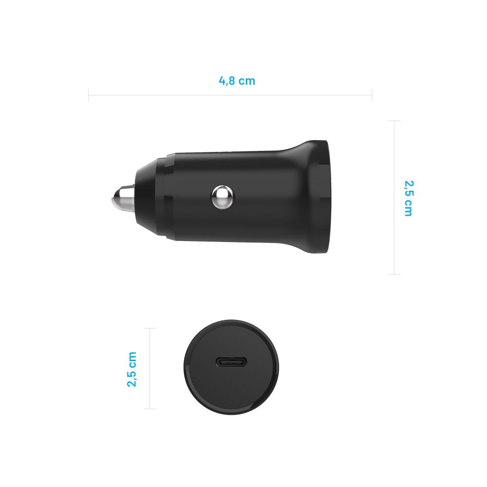 Auto punjač Fixed, 30W, 3A, 1 x USB-C, Crni