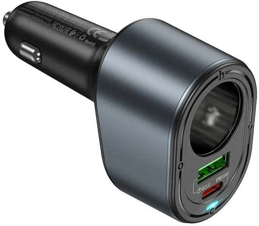 Auto punjač HOCO Z56, 35W, 3A, 1 x USB-A - 1 x USB-C - 1 x Produžetak upaljača, Crni