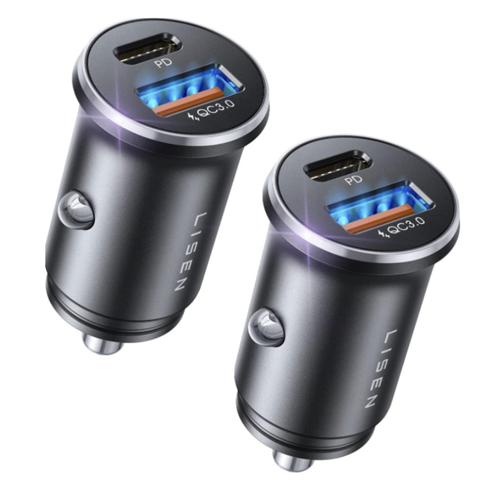 Auto punjač Lisen, 51W, 3A, 1 x USB-A - 1 x USB-C, Set 2 komada, Crni YL0223080037