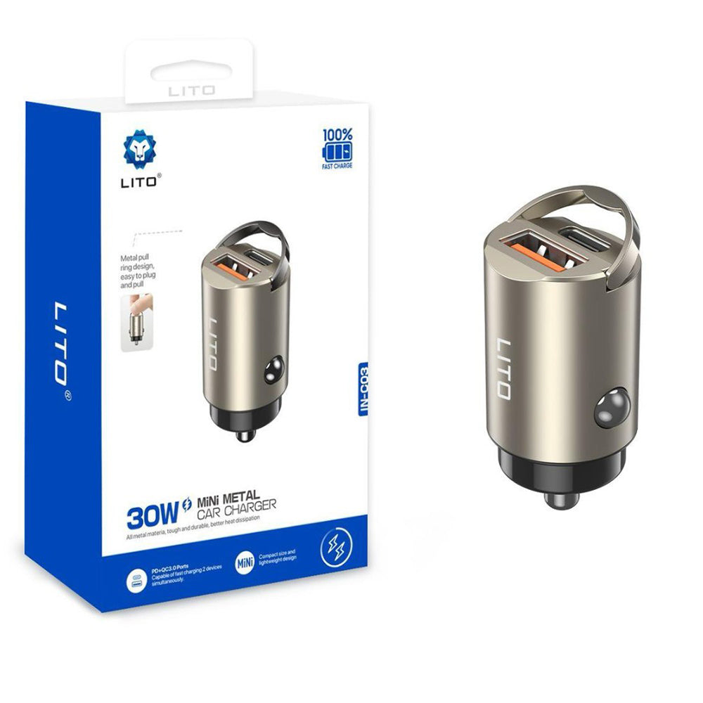 Auto punjač Lito IN-C03, 30W, 3A, 1 x USB-A - 1 x USB-C, Sivi