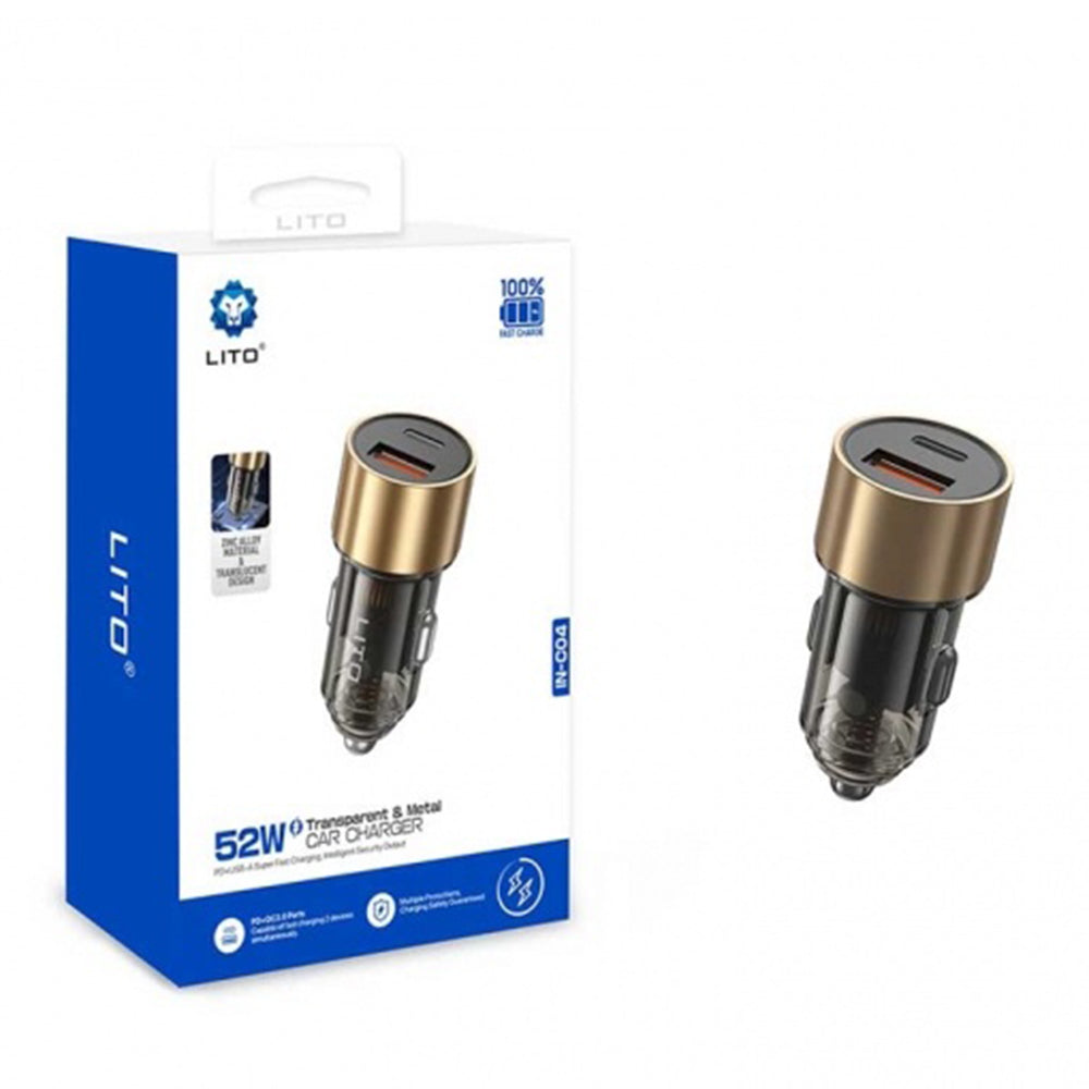 Auto punjač Lito IN-C04, 52W, 3A, 1 x USB-A - 1 x USB-C, Crni