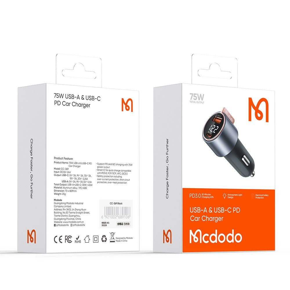 Auto punjač McDodo CC-3690 Venus Display, 75W, 3A, 1 x USB-A - 1 x USB-C, Crni