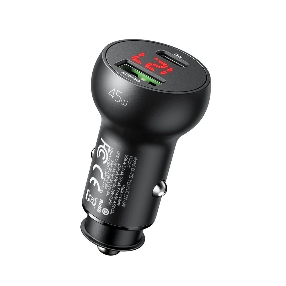 Auto punjač McDodo CC-7030 Display, 45W, 5A, 1 x USB-A - 1 x USB-C, Crni