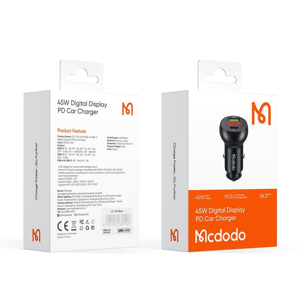Auto punjač McDodo CC-7030 Display, 45W, 5A, 1 x USB-A - 1 x USB-C, Crni