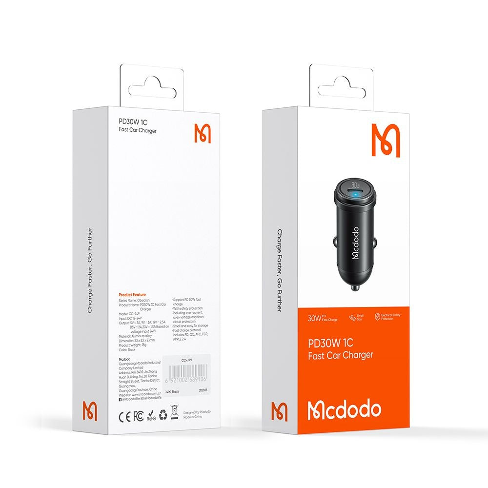 Auto punjač McDodo CC-7491 Obsidian, 30W, 3A, 1 x USB-C, Crni