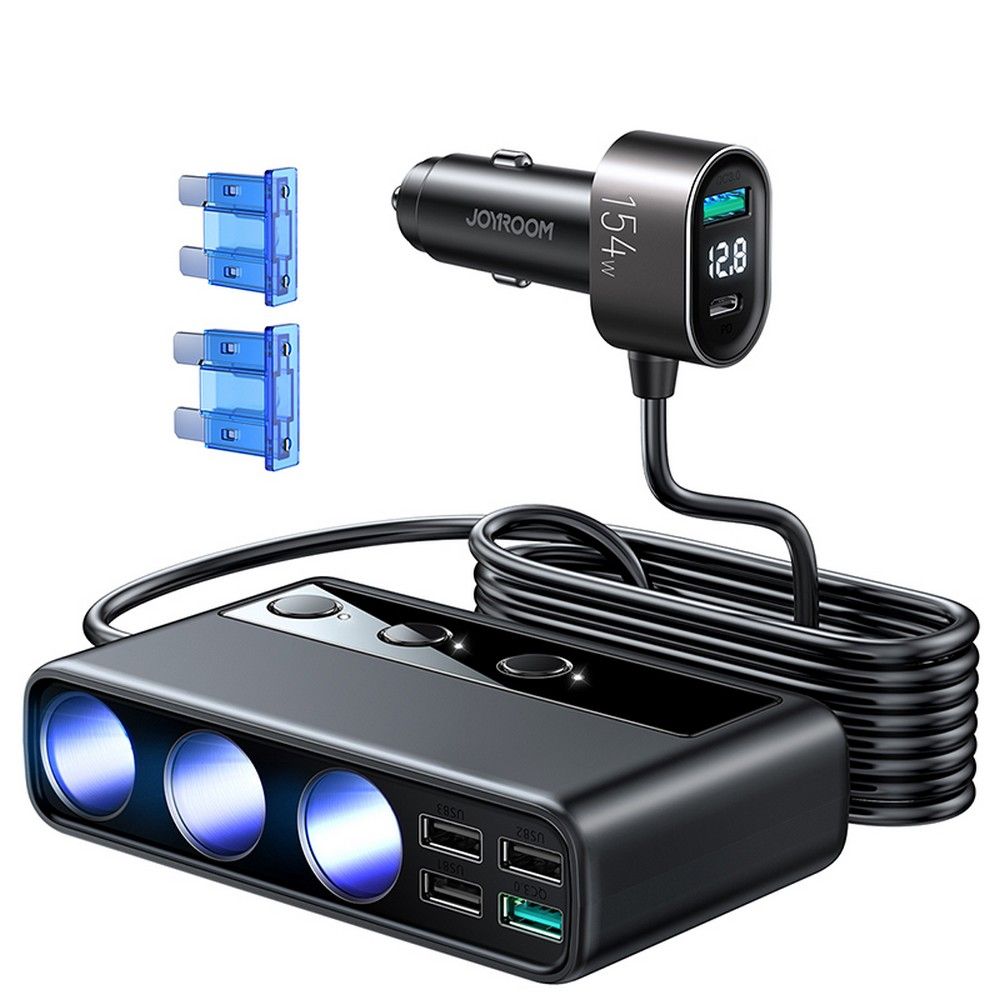 Auto punjač Joyroom JR-CL06, 154W, 3A, 1 x USB-C - 4 x Upaljač Produžetak - 4 x USB-A, Crni JYR058BLK