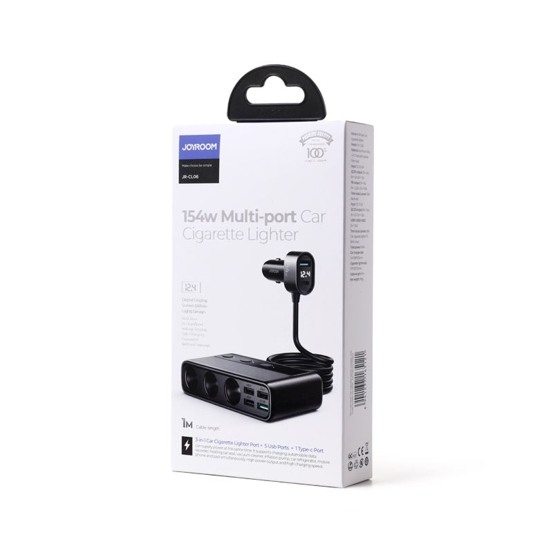 Auto punjač Joyroom JR-CL06, 154W, 3A, 1 x USB-C - 4 x Upaljač Produžetak - 4 x USB-A, Crni JYR058BLK