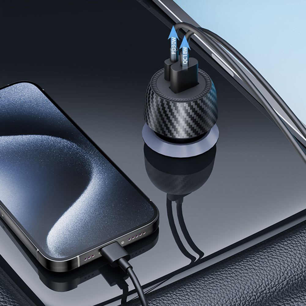 Auto punjač Techsuit C7 CarbonVolt, 48W, 3A, 1 x USB-A - 1 x USB-C, Crni