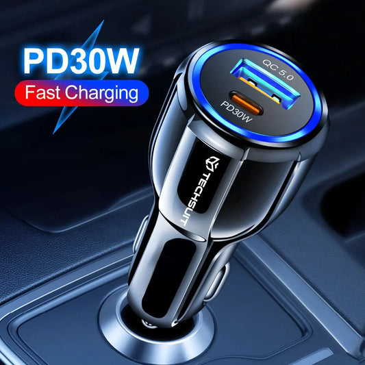 Auto punjač Techsuit TE-022 Premium, 60W, 3A, 1 x USB-A - 1 x USB-C, Crni