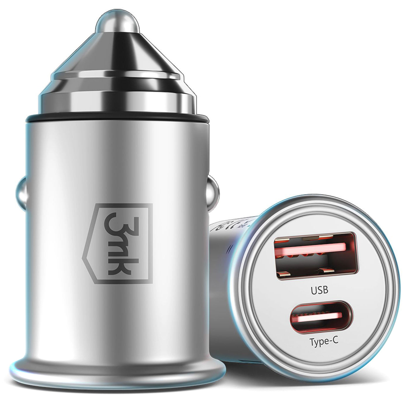 Auto punjač 3MK HyperCharger, 30W, 5A, 1 x USB-A - 1 x USB-C, Srebrni