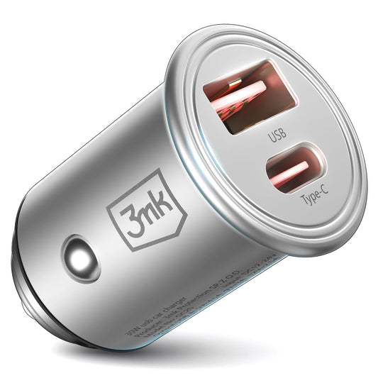 Auto punjač 3MK HyperCharger, 30W, 5A, 1 x USB-A - 1 x USB-C, Srebrni