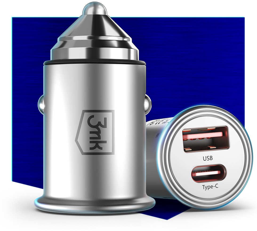 Auto punjač 3MK HyperCharger, 30W, 5A, 1 x USB-A - 1 x USB-C, Srebrni