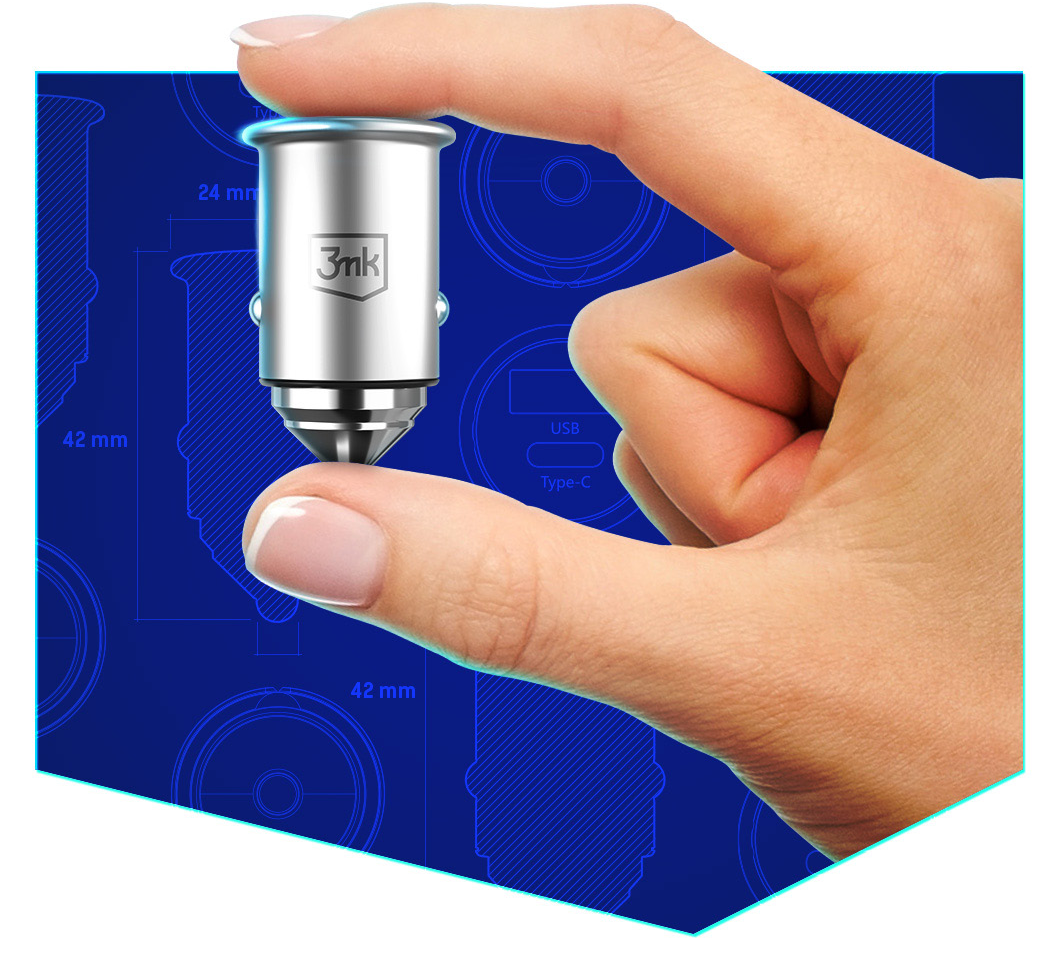 Auto punjač 3MK HyperCharger, 30W, 5A, 1 x USB-A - 1 x USB-C, Srebrni