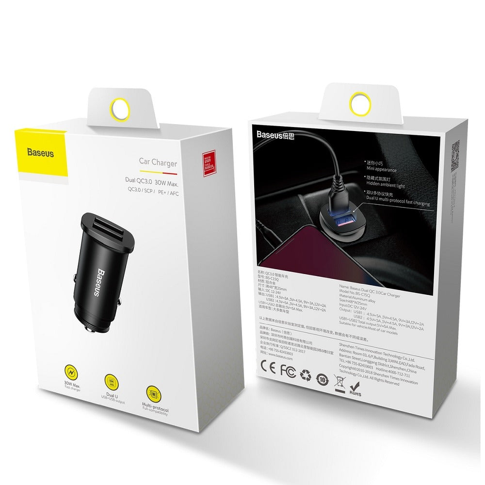 Auto punjač Baseus BS-C15Q, 30W, 5A, 2 x USB-A, Crni CCALL-DS01