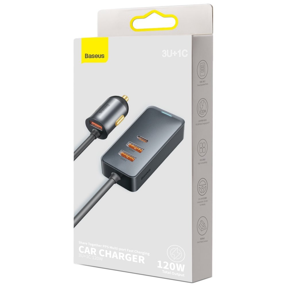 Auto punjač Baseus Share Together, 120W, 3A, 3 x USB-A - 1 x USB-C, Sivi CCBT-B0G