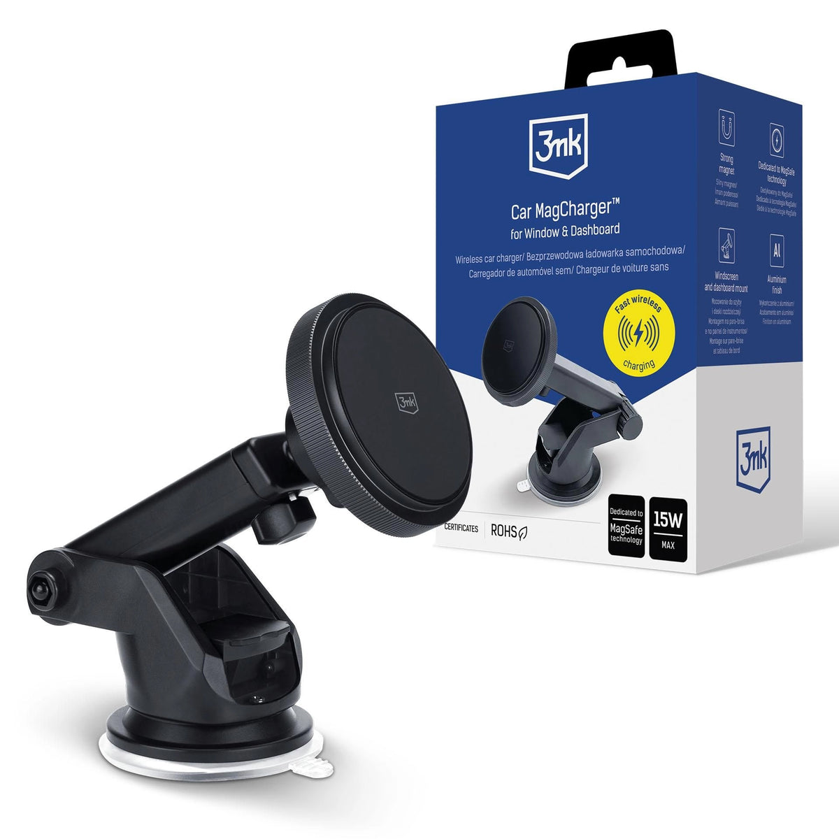 Auto punjač Wireless 3MK MagCharger, 15W, 1.67A, Crni